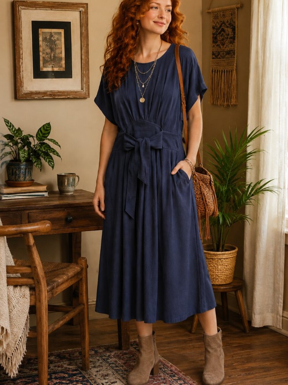 Orange Creek Linen Rayon Blend Blue Tie Waist Midi Dress Small Boho Cottagecore